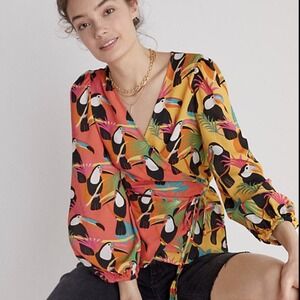 FARM Rio Anthropologie Toucan Wrap Top Long Sleeve Beaded Tie XS